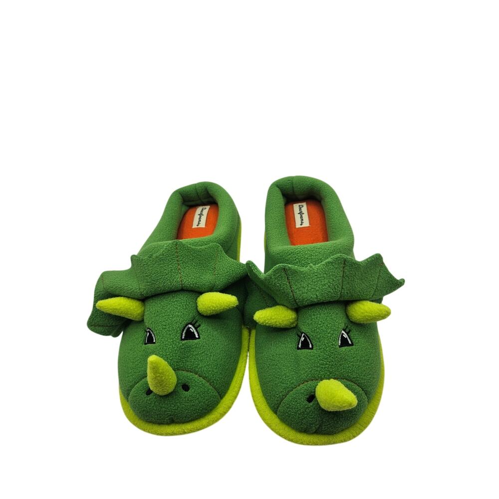 Dearfoams Triceratops Dinosaur Slippers Kids 4-5 Green Fleece Closed Back NWOT